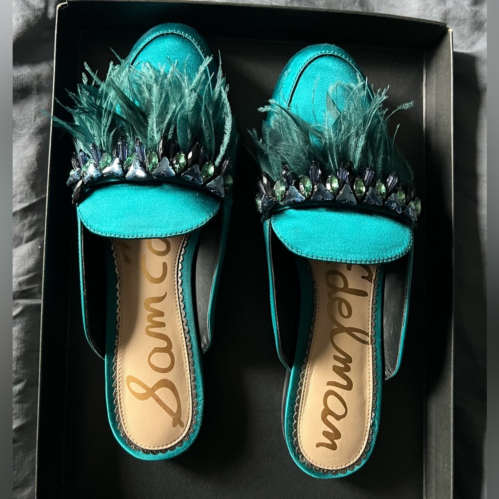 Women's Sam Edelman Landis Teal Satin,Mule / Loafers,Size 8.5